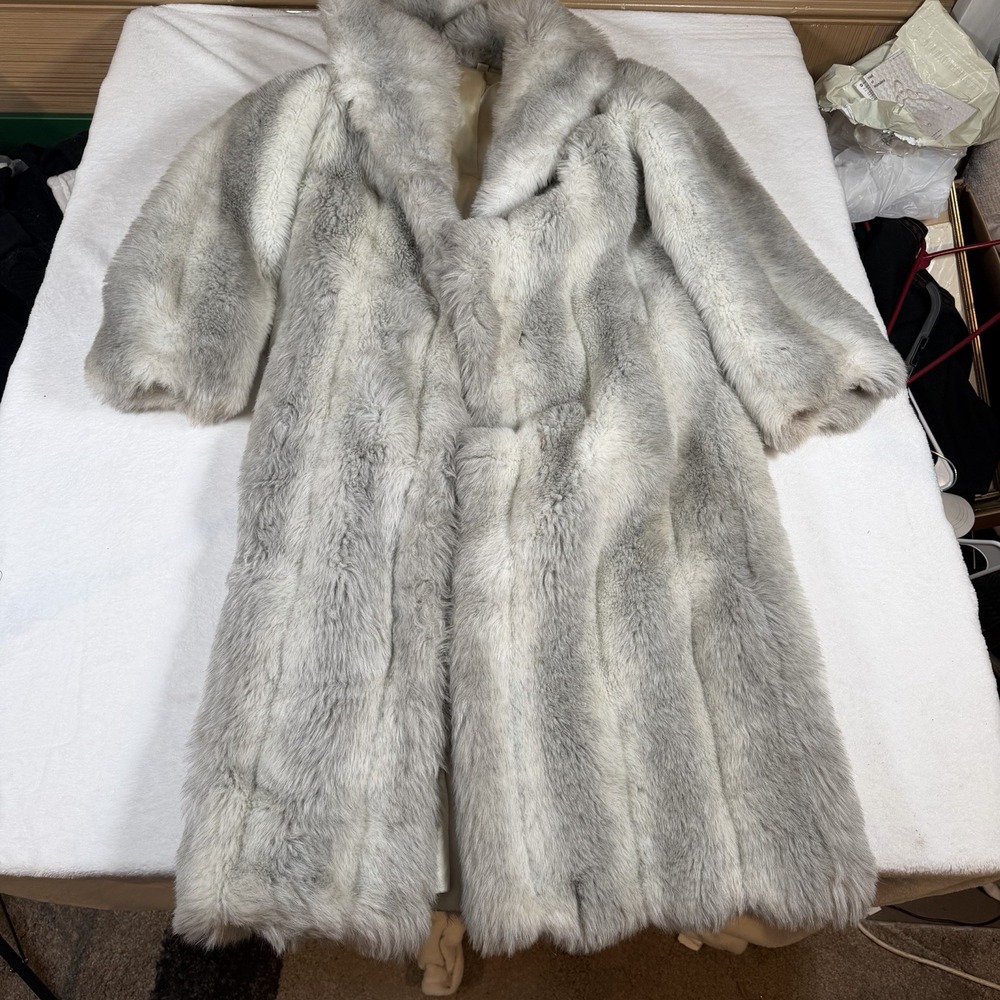 Vintage 70s 80s Faux Fur Coat Long Striped Gray Silver ILGWU Union Made M L - Picture 2 of 13